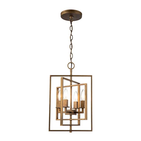 Bel Air Lighting El Capitan 14 in. 4-Light Antique Gold Pendant Light Fixture with Caged Metal Shade