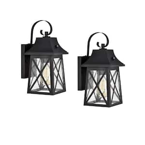 13.25 in. Matte Black Outdoor E26 Motion Sensing Wall Sconce with Clear Seeded Glass Shade (Set of 2)