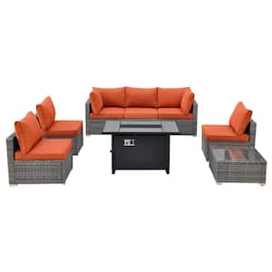 Sanibel Gray 8-Piece Wicker Patio Conversation Sofa Sectional Set with a Metal Fire Pit and Orange Red Cushions