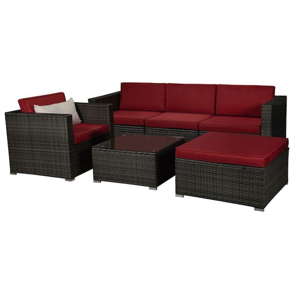 Amucolo Dark Gray Wicker Outdoor Garden Patio Furniture Sectional Sofa Sets with Red Cushions and Beige Pillow (6-Piece)