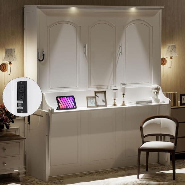 White Wood Frame Queen Murphy Bed with Desk, LED Lights and USB Charging Station