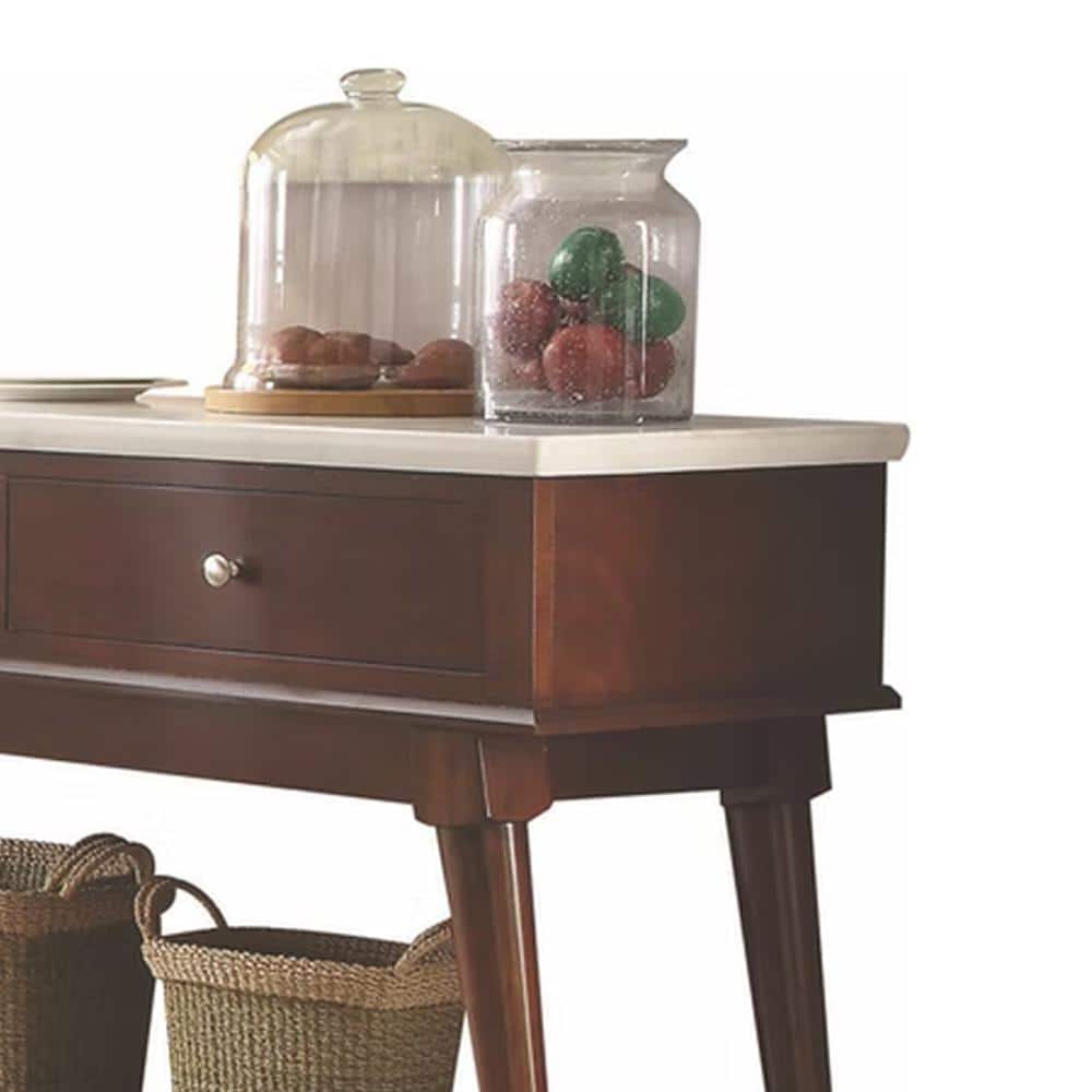 White Marble and Walnut 2-Drawer Server with Bottom Shelf