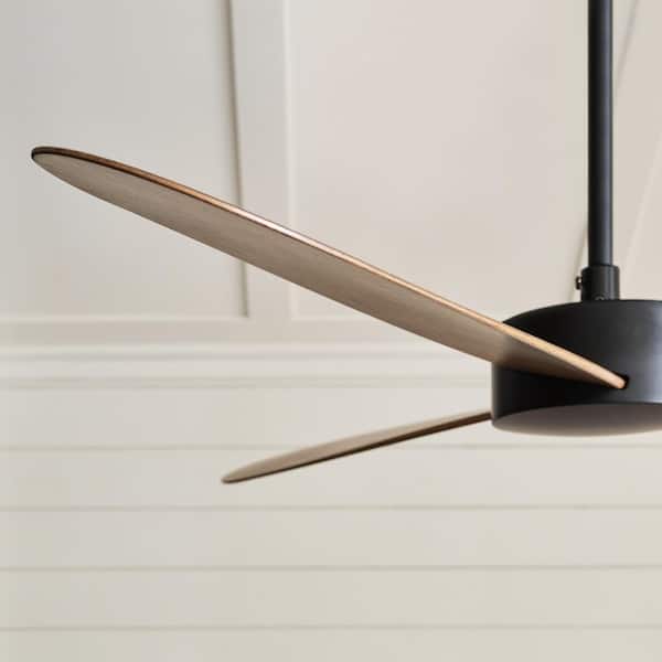 Generation Lighting - Paddle Smart 52 in. Indoor/Outdoor Midnight Black Downrod Mount Standard Ceiling Fan with Remote Included and Oak Blades