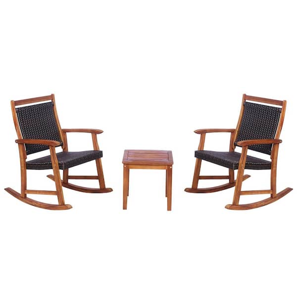 FORCLOVER 3-Piece Acacia Wood Patio Conversation Rocking Chair Set with Side Table