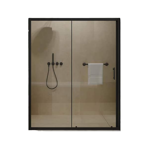 60 in. W x 72 in. H Single Sliding Framed Shower Door in Matt Black with Tempered Glass