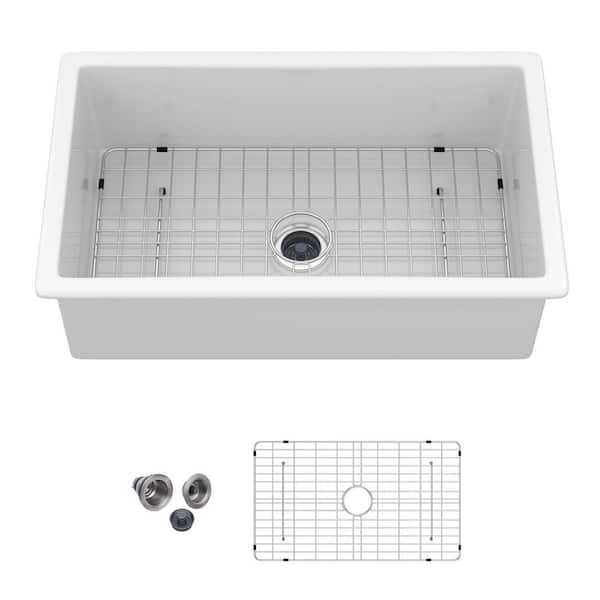 32 in. Undermount Singel Bowl 16 Gauge White Ceramic Kitchen Sink with Basket Strainer