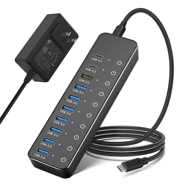 Lukyamzn 10-Port USB Hub 60W USB 3.2/USB C Hub with 10Gbps USB-A 3.2 2 USB-C 3.2 7 USB 3.0 Ports Individual Switches