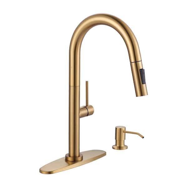 17 in. Single Handle Pull Down Sprayer Kitchen Faucet with 360° 2-Mode Spray and Soap Dispenser in Brushed Gold