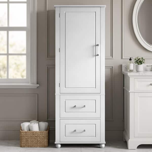 23 in. W x 16 in. D x 61 in. H White Freestanding Linen Cabinet, Storage Cabinet with Adjustable Shelf, Drawers