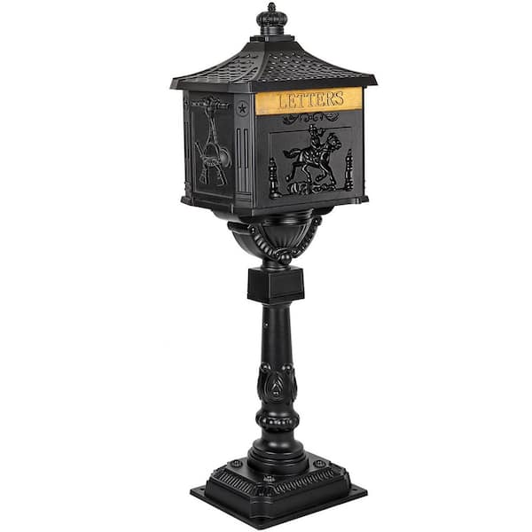 14 in. x 10 in. x 46 in. Black Cast Aluminum Outdoor Mail Box Garden Decor Postal Box Garden Statues
