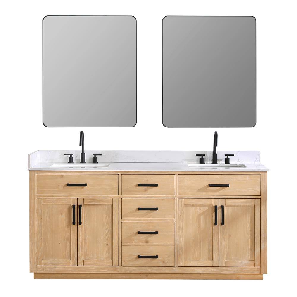 Gavino 72" Light Brown Wood Vanity with Composite Stone Top and Mirror