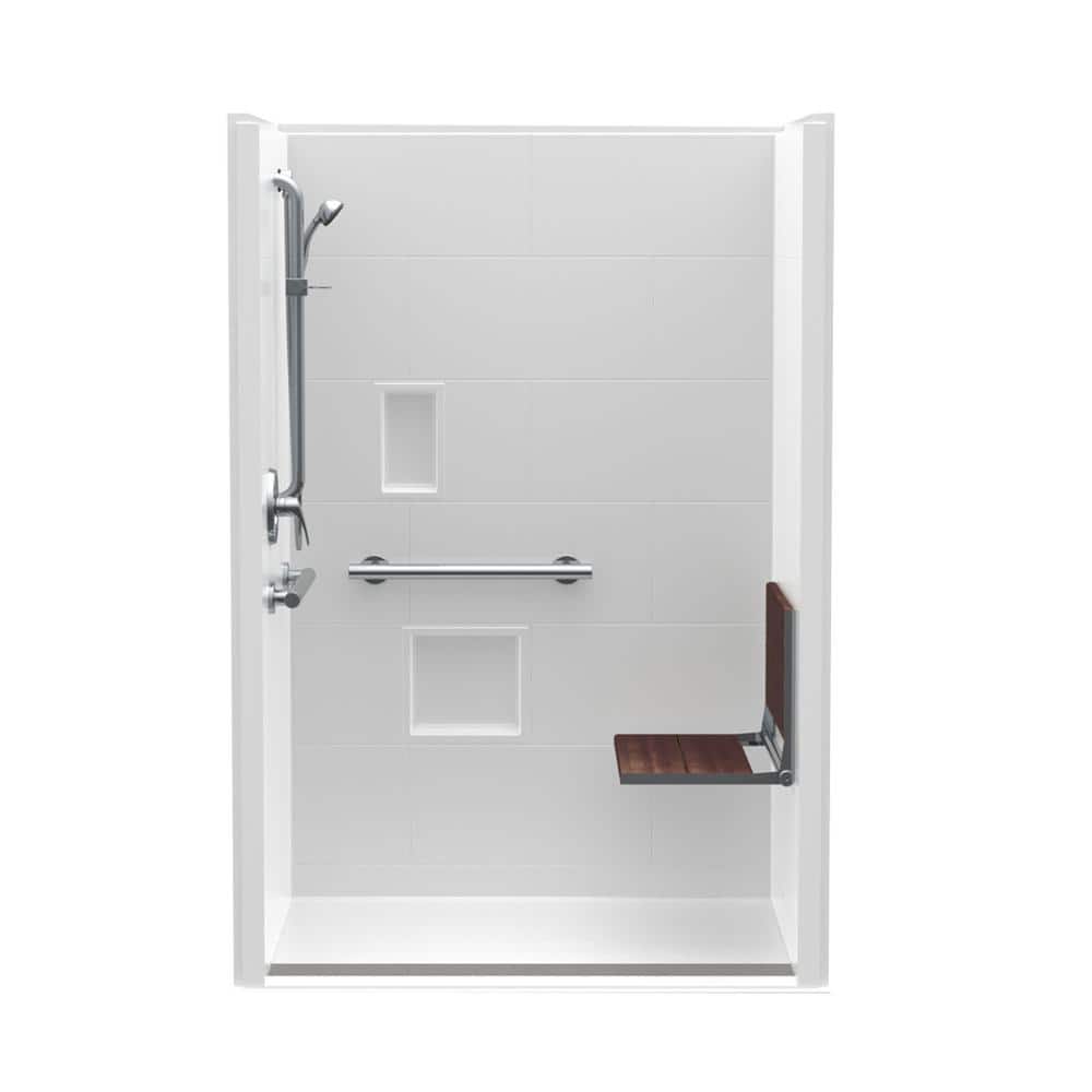 Trench Drain 48 in. x 36 in. x 76-3/4 in. Shower Stall Right Walnut Seat wi