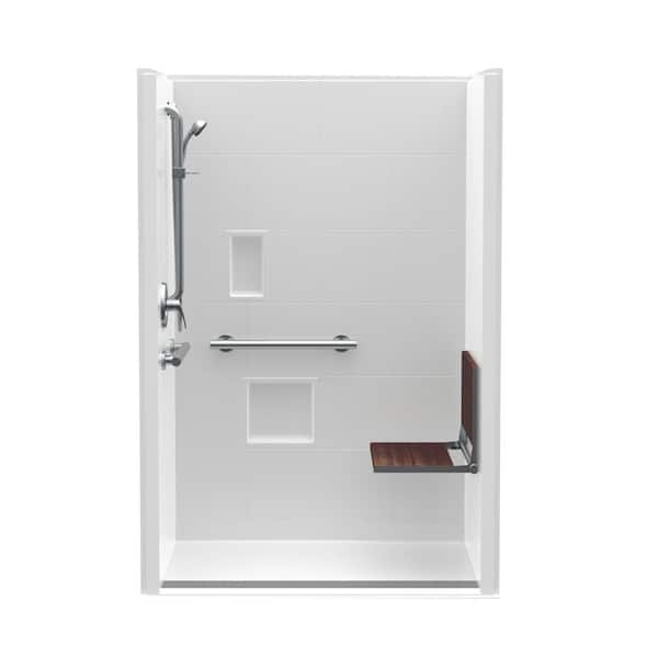Aquatic Trench Drain 48 in. x 36 in. x 76-3/4 in. Shower Stall Right Walnut Seat with Grab Bars and Shower Valve in White