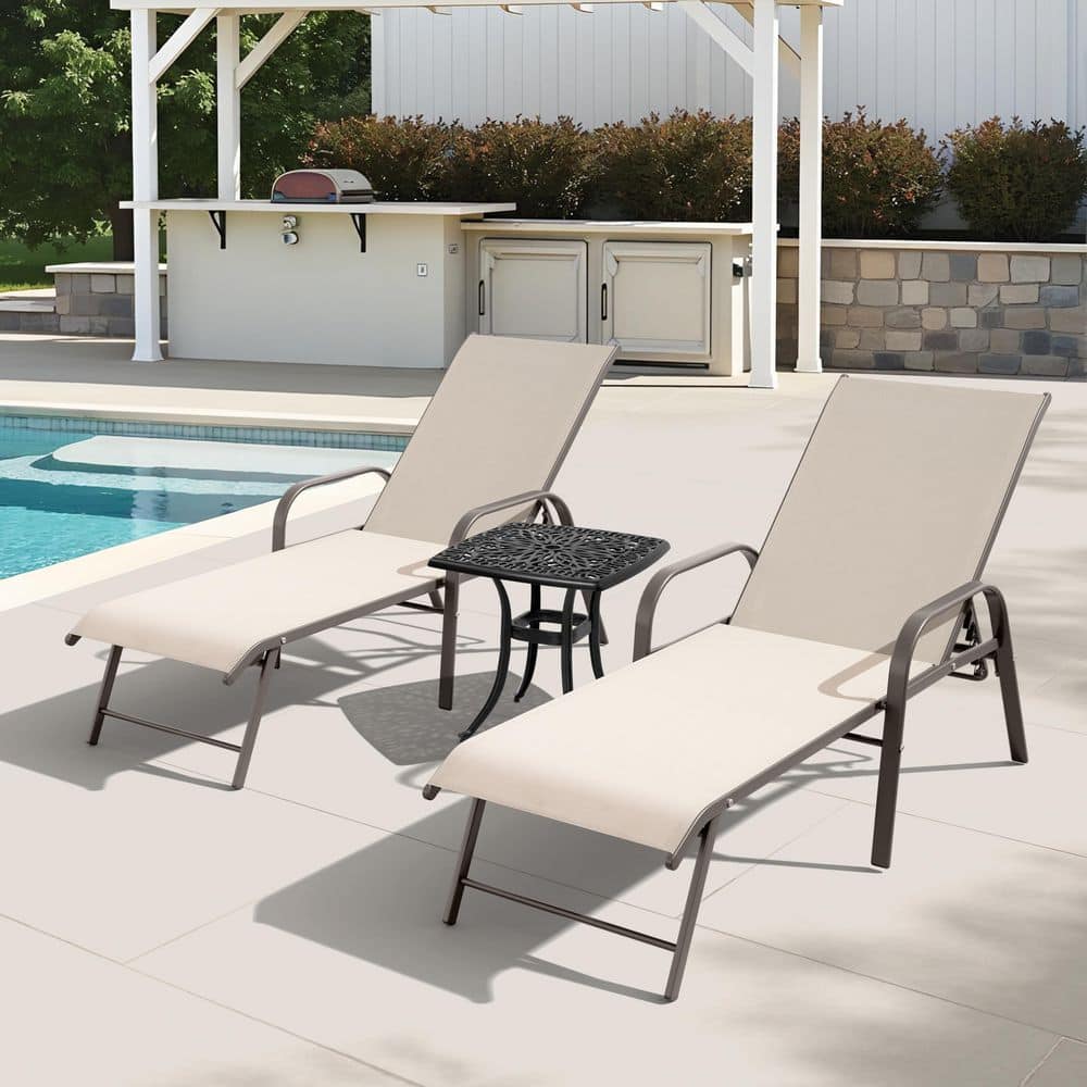 Champagne 3-Piece Metal Adjustable Aluminum Outdoor Chaise Lounge Chair in Beige with Armrest and Side Table price history on PriceWatchPro