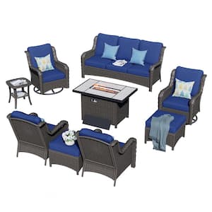 Oreille Brown 9-Piece Wicker Outdoor Patio Conversation Sofa Set with a Rectangle Firepit and Navy Blue Cushions