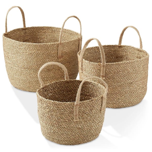 Casafield Brown Natural 14.5 in. x 9.5 in. Seagrass Decorative Baskets with Jute Handles for Storage Bins Planters (Set of 3)
