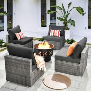 Solar 5-Piece Wicker Outdoor Patio Conversation Sofa Seating Set with a Wood-Burning Fire Pit and Black Cushions