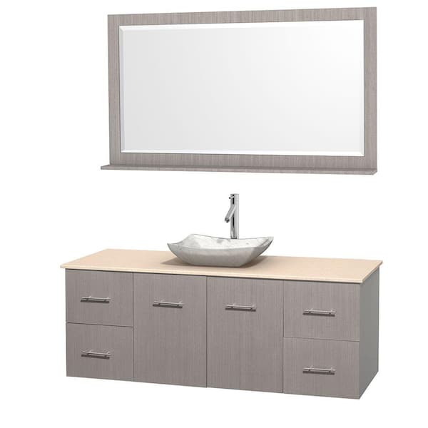 Wyndham Collection Centra 60 in. Vanity in Gray Oak with Marble Vanity Top in Ivory, Carrara White Marble Sink and 58 in. Mirror