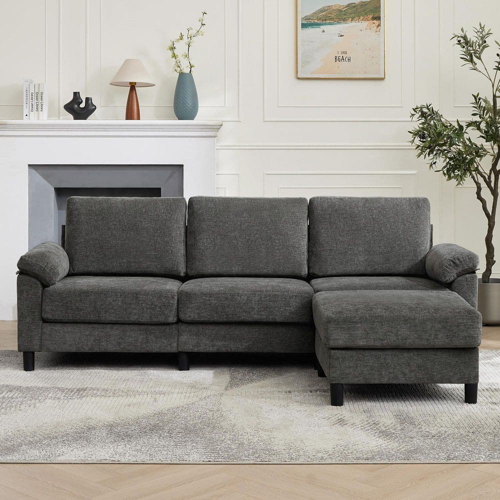 Hochwertiges 90 in. Pillow Top Arm 4-Piece Chenille L-Shaped Reversible Modular Sectional Sofa Couch with Ottoman in Gray SF003GRY-31-HD