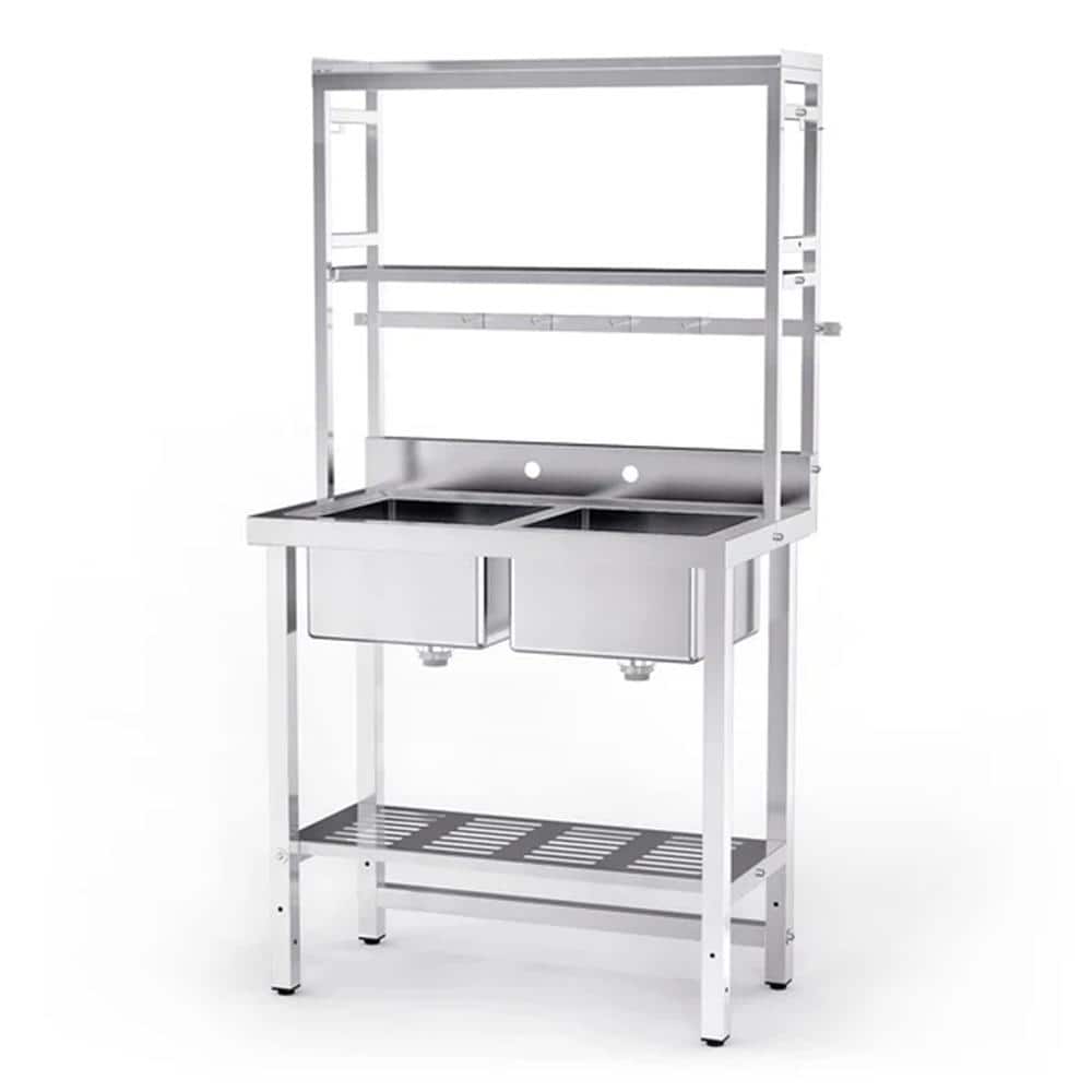 35.8 in. Stainless Steel Double Bowls Commercial Sink Kitchen with Shelves price history on PriceWatchPro