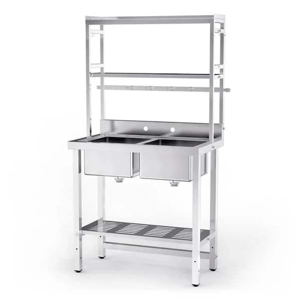 35.8 in. Stainless Steel Double Bowls Commercial Sink Kitchen with Shelves
