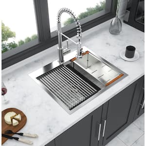 25 in. Drop-in Single Bowl 16-Gauge Brushed Nickel Stainless Steel Kitchen Sink with Workstation