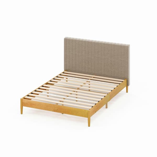 Amelia 78 in. W Latte Wood King Platform Bed Frame with Upholstered Headboard