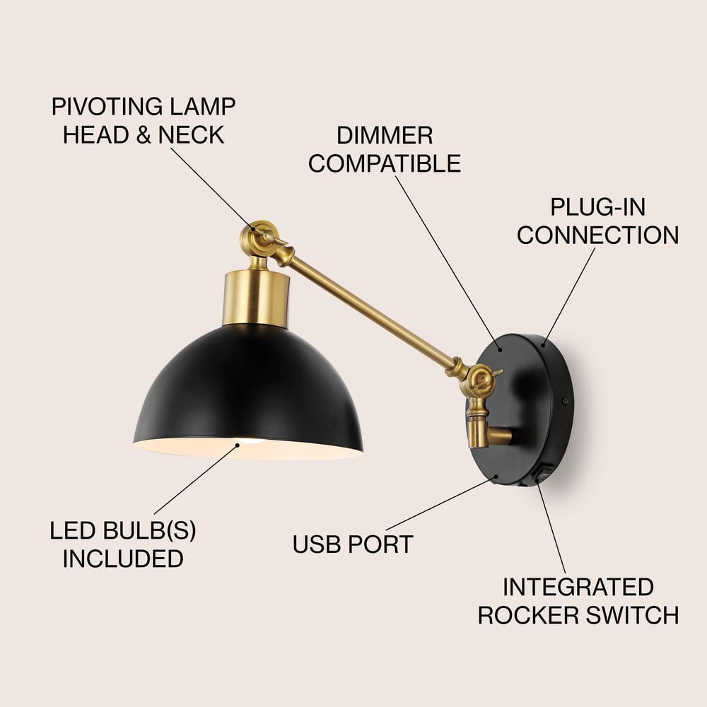 Lisa 18" Black Iron Swing Arm LED Wall Sconce with USB Charging