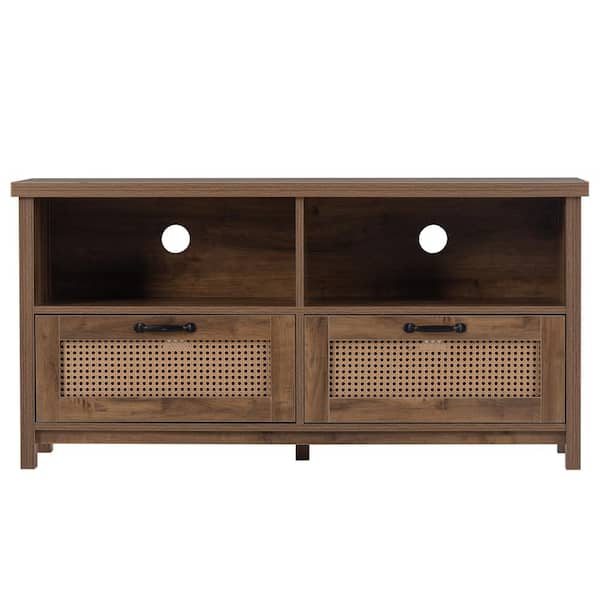 wetiny 15.75 in.Yellow TV Stand with 2 Drawers Fits TV's up 55 in with Rattan Cabinet Door