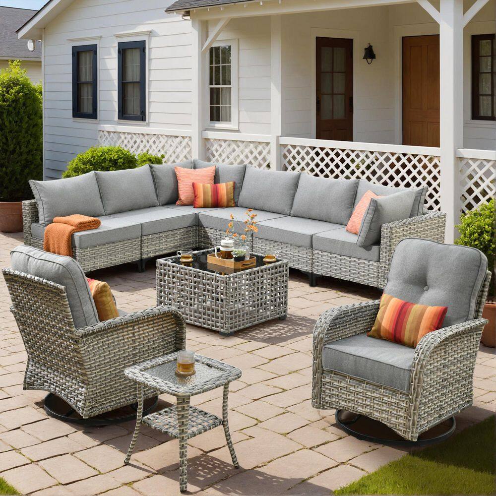 Melly Gray 10-Piece Wicker Patio Conversation Set with Dark Gray Cushions and Solar LED Coffee Table price history on PriceWatchPro