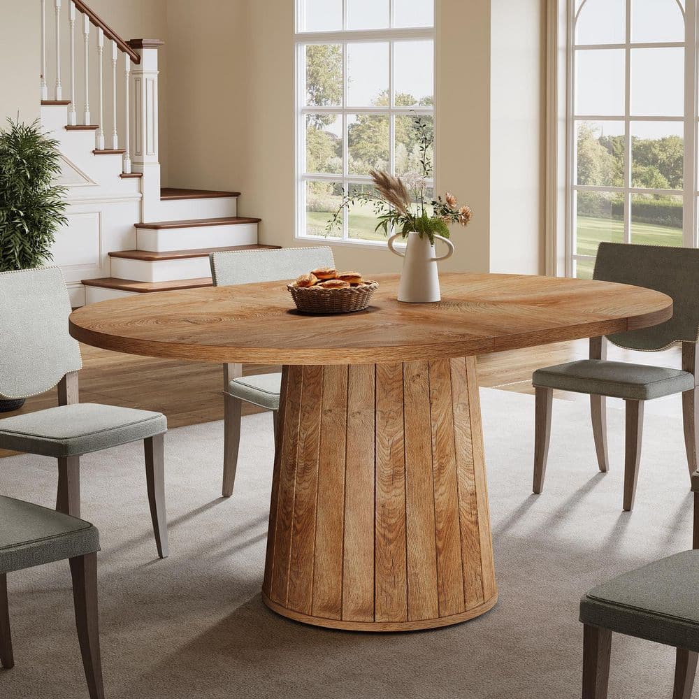 Roesler Farmhouse Light Brown Wood 55 in. Oval Pedestal Dining Table Seats 6 for Dining Room with Sturdy Base