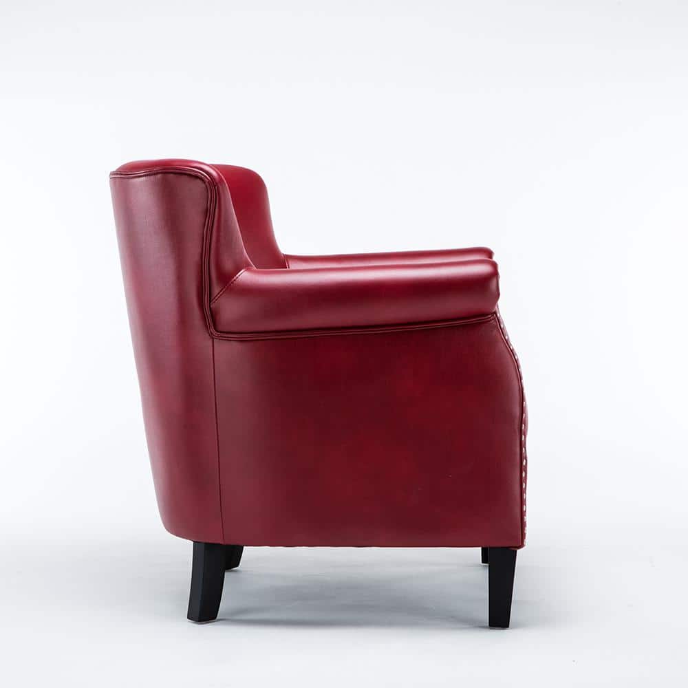 Traditional Red Leather Accent Chair with Wood Frame and Nailhead Trim