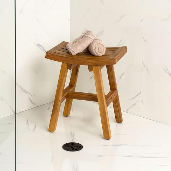 Tamlyn 17.72 in. H Traditional Classic Slatted Solid Acacia Wood Indoor/Outdoor Shower Stool, Natural