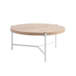 Custom Series 36.5 in. White and Brown Round Wood Coffee Table with Sturdy Metal Frame