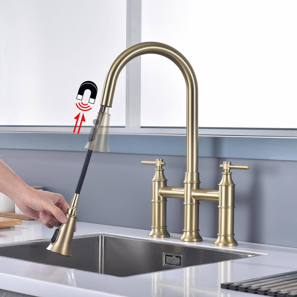 Brushed Gold Stainless Steel Bridge Kitchen Faucet with Pull-Out Spray