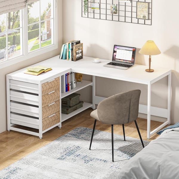 Lanita 59 in. L Shaped White Wood 4-Drawer Computer Desk with Storage, Reversible Corner Desk Study Writing Table