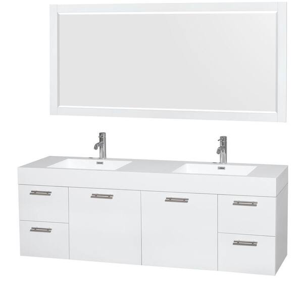 Wyndham Collection Amare 72 in. Double Vanity in Glossy White with Acrylic-Resin Vanity Top in White, Integrated Sinks and 70 in. Mirror
