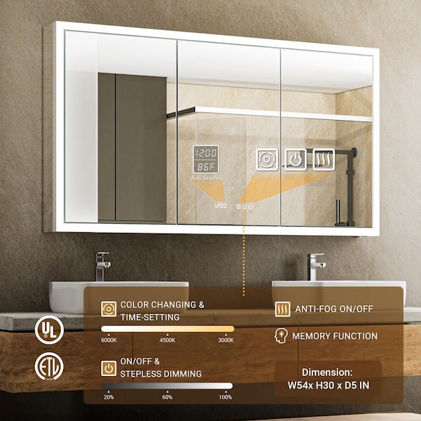 Elega 54 in. W x 30 in. H Rectangular Aluminum Recessed/Wall Mount Dimmable Fogless Lighted Medicine Cabinet with Mirror