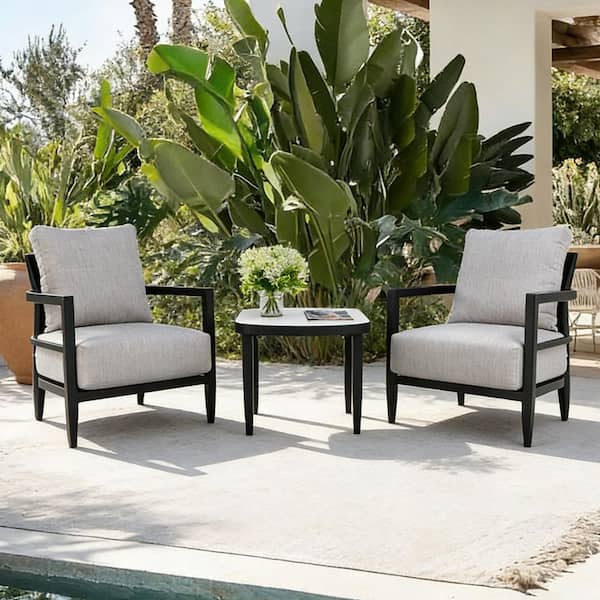 Black 3-Piece Aluminium Patio Conversation Set with Gray Cushion Sunbrella Side Table with Greek White Marble-Inspired