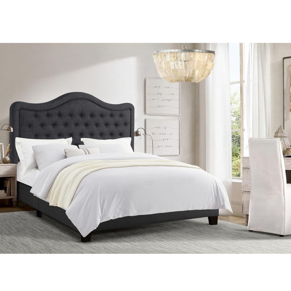 Clihome Modern Dark Gray Solid Wood Frame King Panel Bed with Curved ...