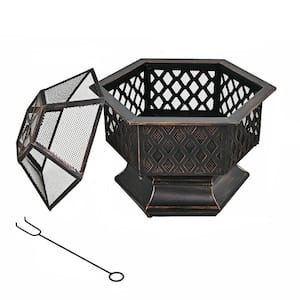 26 in. W x 22.5 in. D x 24 in. H Outdoor Hex-Shaped Steel Wood Burning Firepit Bowl with Screen Cover and Poker