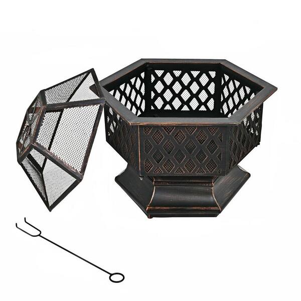 ANGELES HOME 26 in. W x 22.5 in. D x 24 in. H Outdoor Hex-Shaped Steel Wood Burning Firepit Bowl with Screen Cover and Poker