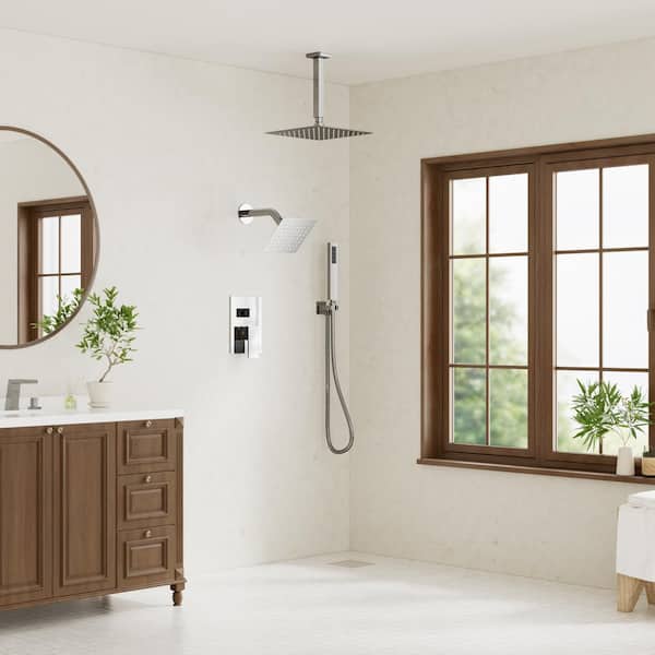 3-Spray Square Ceiling Mount 10 and 6 in. Dual and Handheld Shower Head 2.5 GPM in Chrome (Valve Included)