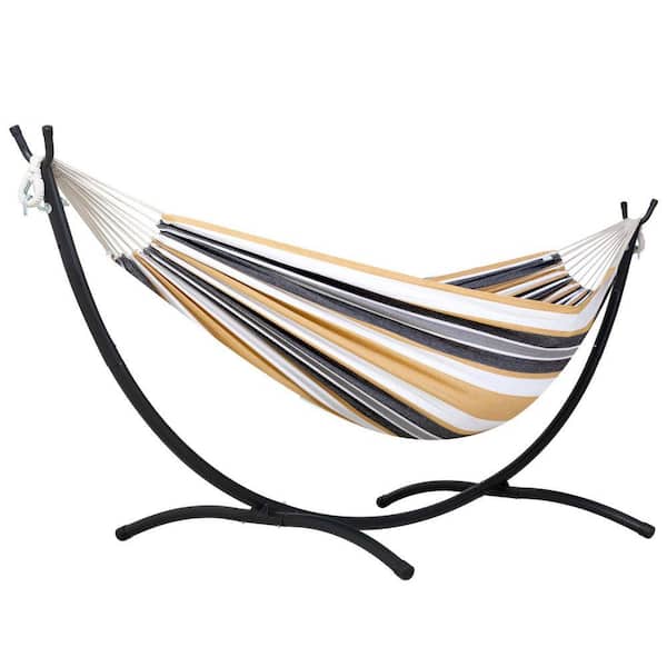 9.35 ft. 2-Person Brazilian-Style Foldable and Portable Outdoor Hammock Bed with Stand Set, Yellow, White, Gray