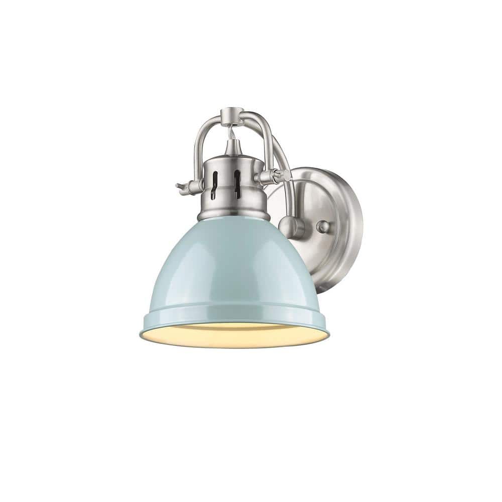 Transitional Duncan Dimmable Vanity Wall Sconce in Pewter with Seafoam Shade