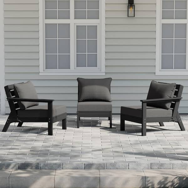 Birchwood Black Arrangeable Outdoor Patio 3-Piece Deep Seating HDPE Sofa Arm Chair Set w/ Gray Cushions