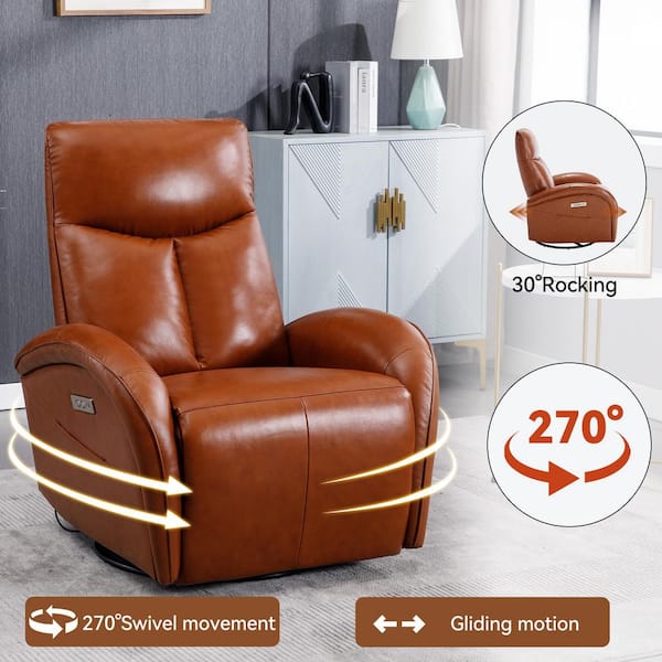 36.23 in. Yellow Brown Leather Swivel Recliner with Power Lumbar Support, 270° Swivel, with USB and Type-C Ports