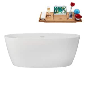 59 in. x 29 in. Acrylic Freestanding Soaking Bathtub in Glossy White with Polished Brass Drain, Bamboo Tray