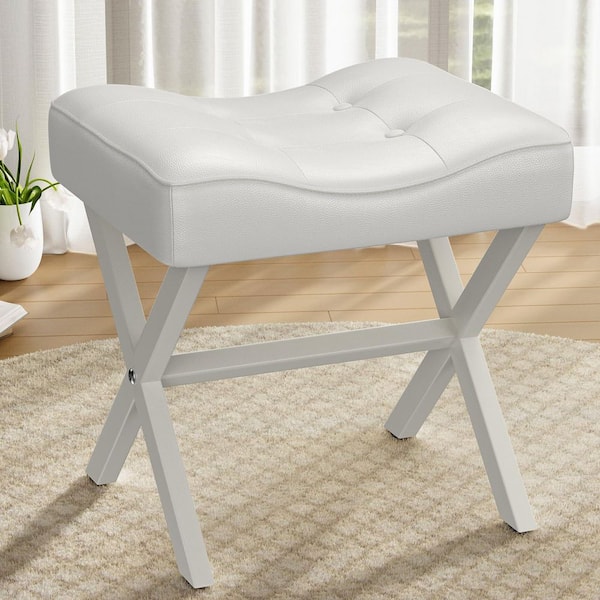 White Alloy Steel 17.7 in. Tall Large Leather Makeup Vanity Stool with Metal X-Leg and Thick Padded Saddle Seat