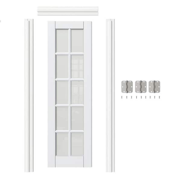 TENONER 24 in. x 80 in. Left-Handed 10-Lite Frosted Glass White MDF Wood Single Prehung Interior Door Jamb Hardware Kit